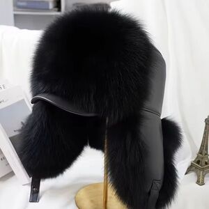 Genuine lamb skin and fox fur LUX black fur hat UNISEX